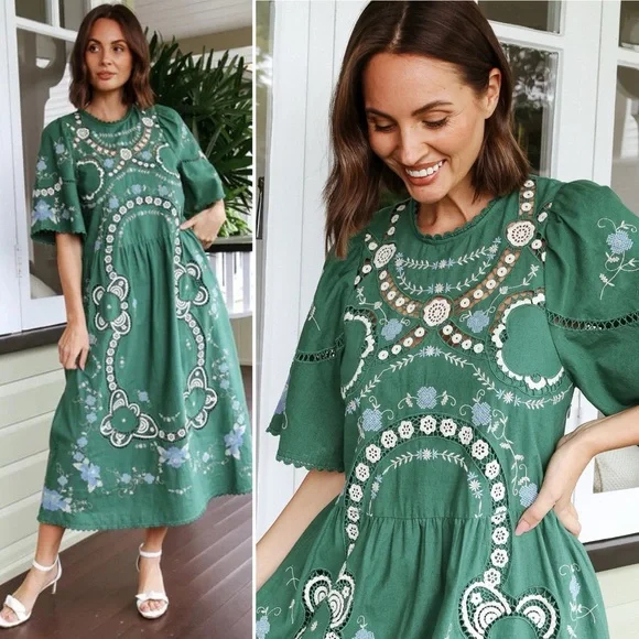 SEA New York Vesna Embroidered Midi Dress Green Floral Cotton Linen Size Small - Picture 3 of 16